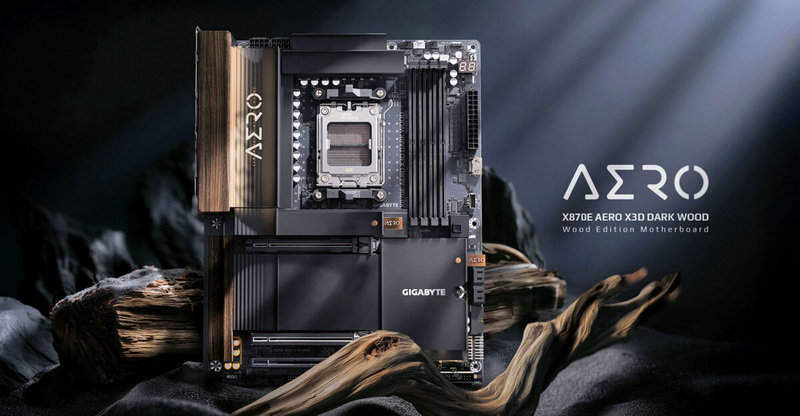 La Gigabyte a présenté la carte X870E Aero X3D Dark Wood dans un design rappelant le bois sombre.
